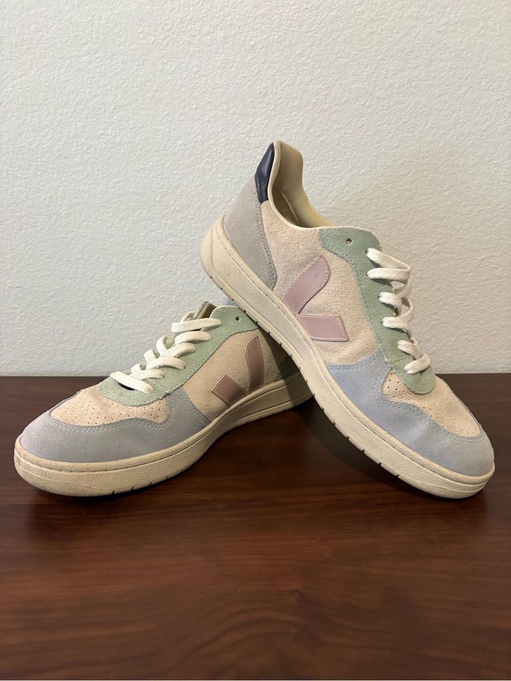 Veja Low-Top Sneakers in Cream, Light Blue & Sage with Blush V